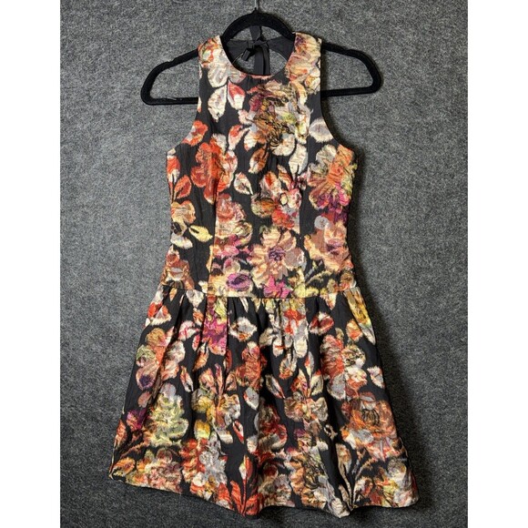 EIFSDOTTIR Size 0 Cocktail Dress Black Multi Floral Shimmer Cutout Back Pockets - Picture 2 of 9